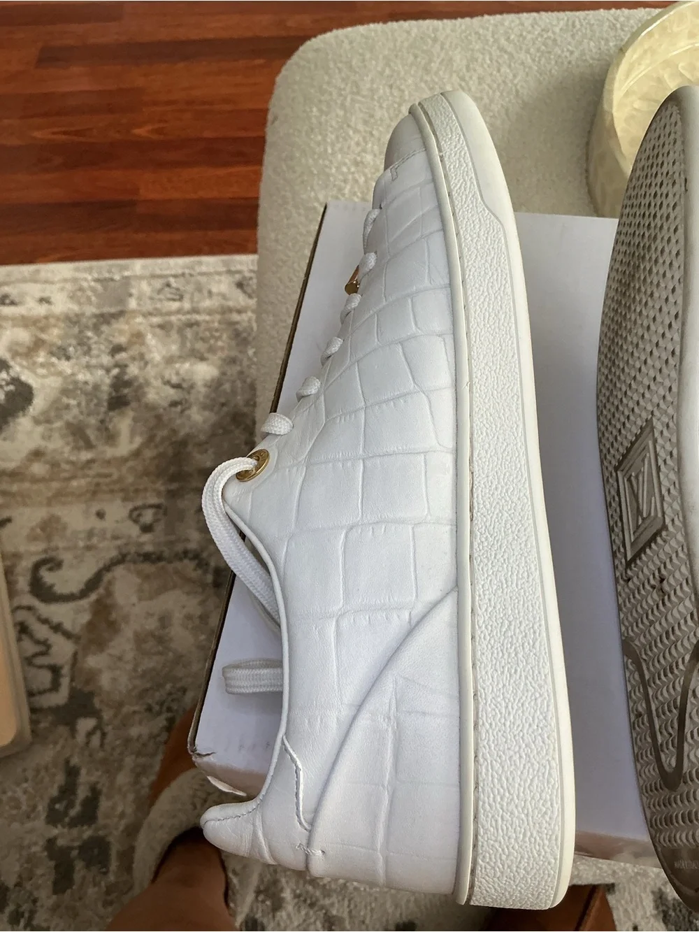 Louis Vuitton White Croc-Embossed Sneakers with Gold V Accents